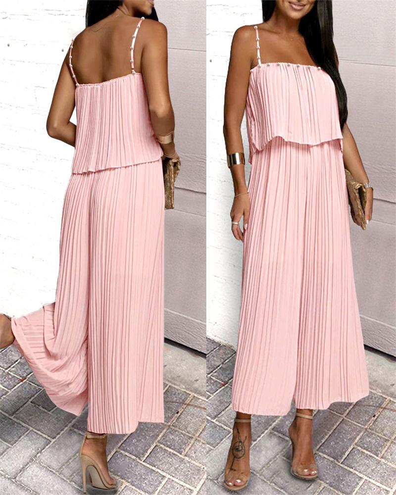 

Pearls Decor Spaghetti Strap Wide Leg Jumpsuit, Pink