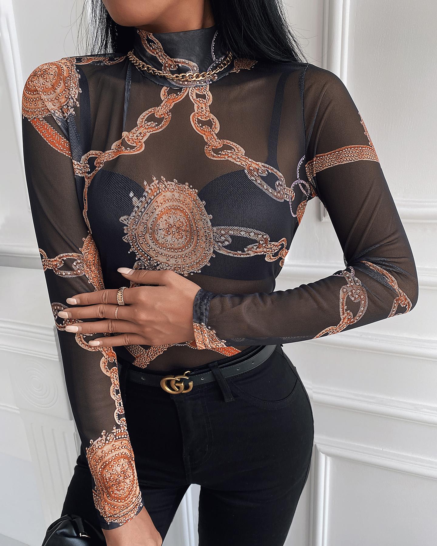 

Baroque Print Long Sleeve Top, Black