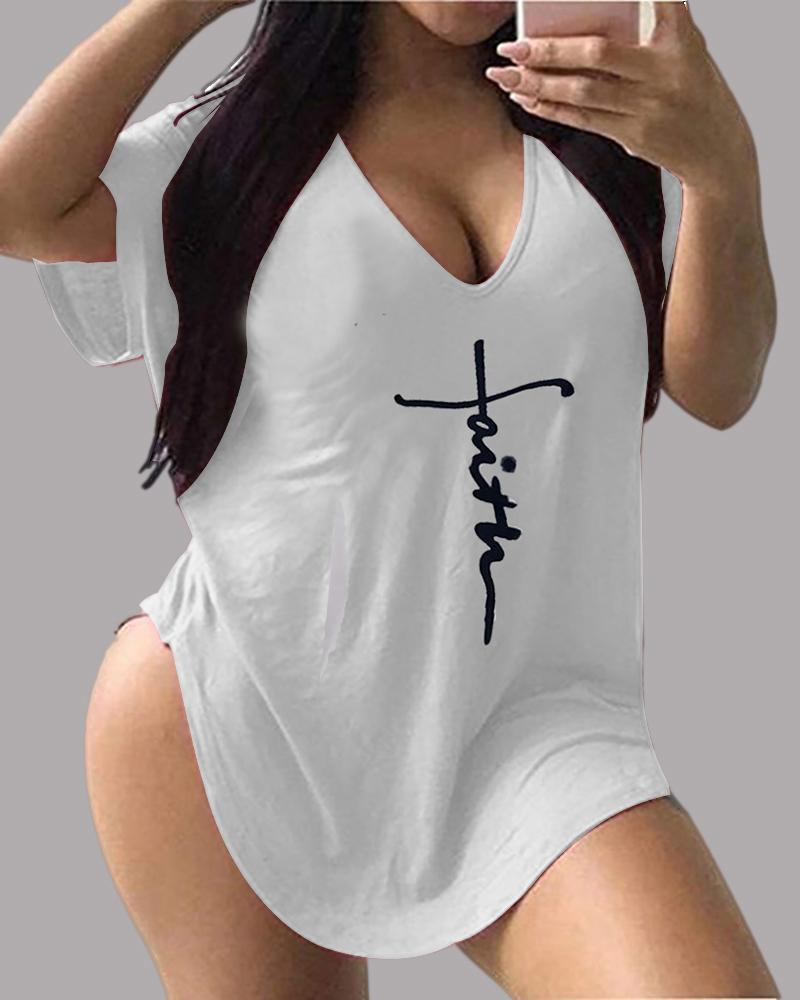 

V Neck Letter Print Short Sleeve T-shirt, White