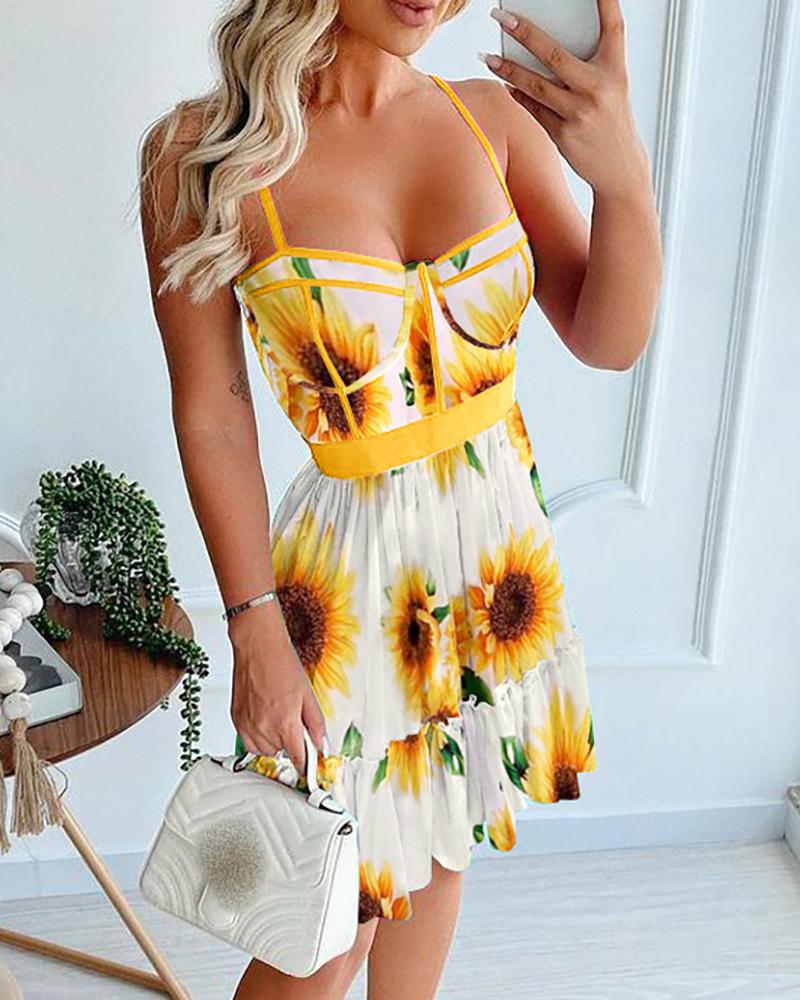 

Sunflower Print Frill Hem Contrast Binding Dress, Yellow