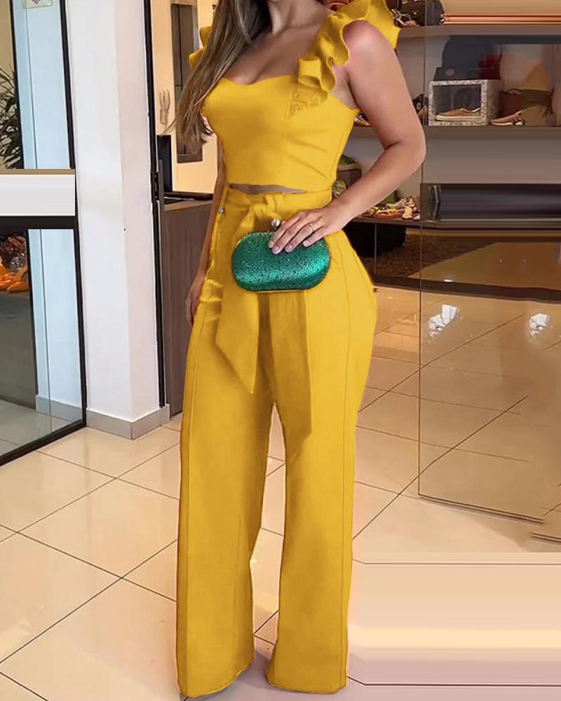 

Flutter Sleeve Crop Top & Wide Leg Pants Set, Yellow