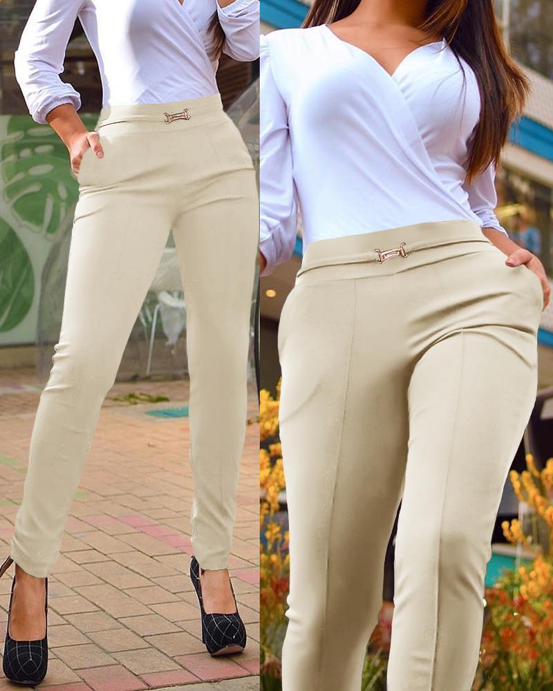 

High Waist Pocket Design Work Pants, Khaki