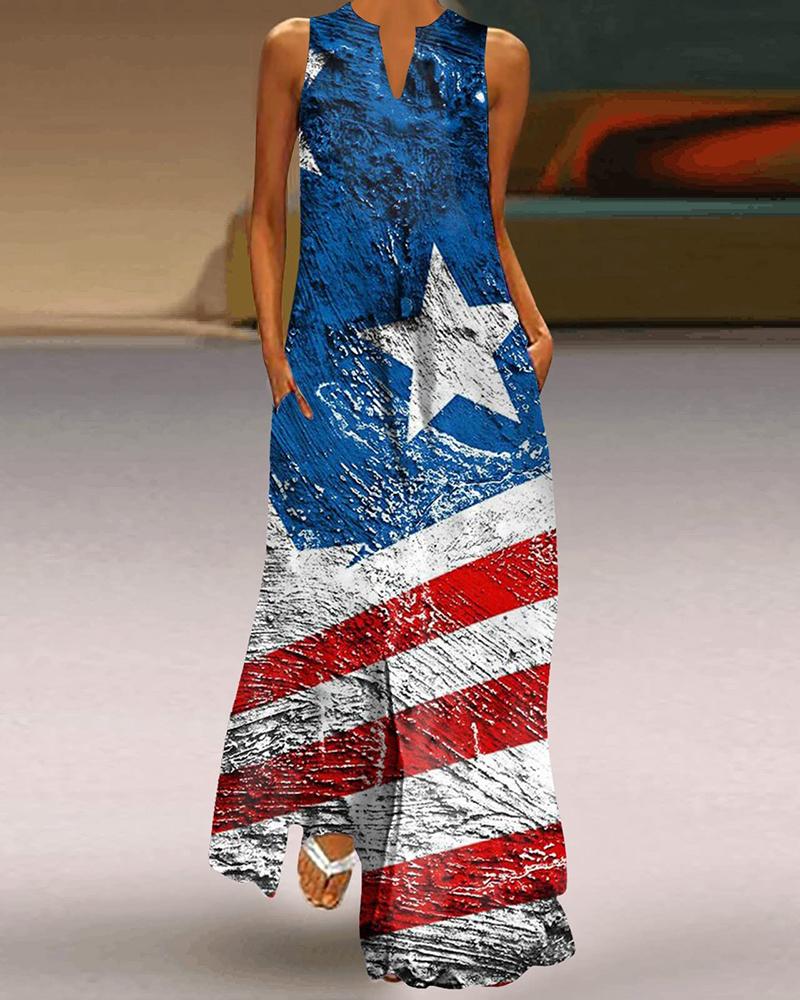 

Independence Day Flag Print Pocket Design Maxi Dress, Blue