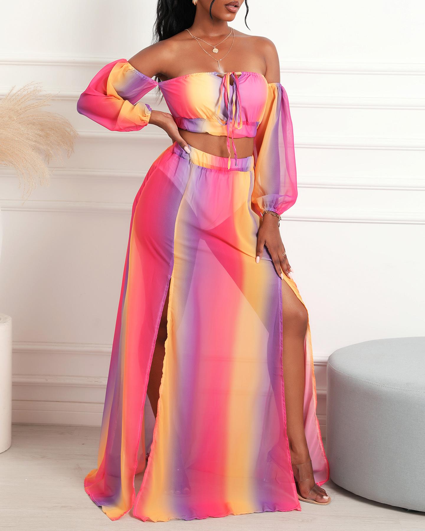 

Off Shoulder Colorblock Crop Top & High Slit Maxi Skirt Set, Hot pink