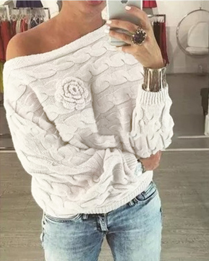 

Off Shoulder Batwing Sleeve Floral Cable Knit Sweater, White