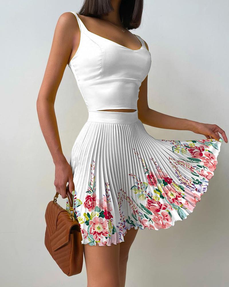 

Two Piece Sets Sleeveless Solid Tank Top & Floral Print Pleated Skirt Set Casual Summer Skirt Set, White