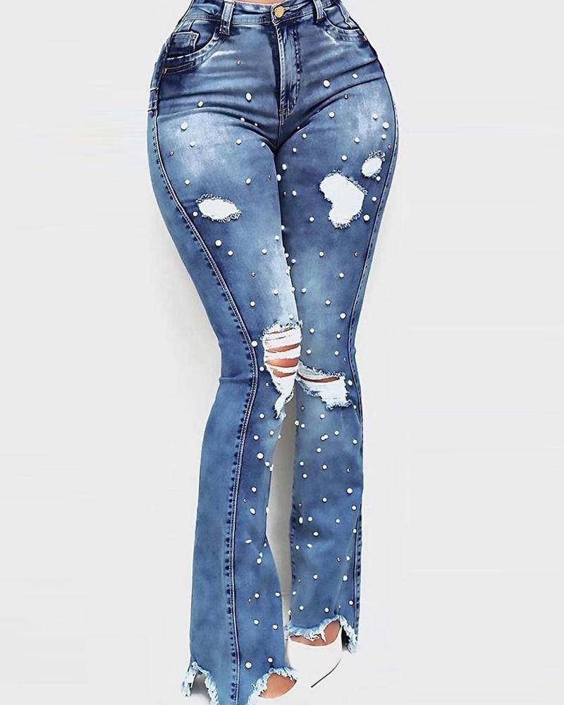 

Beaded Fringe Hem High Waist Bootcut Jeans, Blue