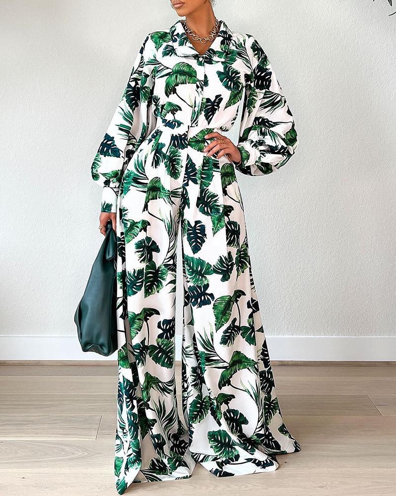 

Hawaiian Palm Tree Print Lantern Sleeve Top & Pants Set, Green