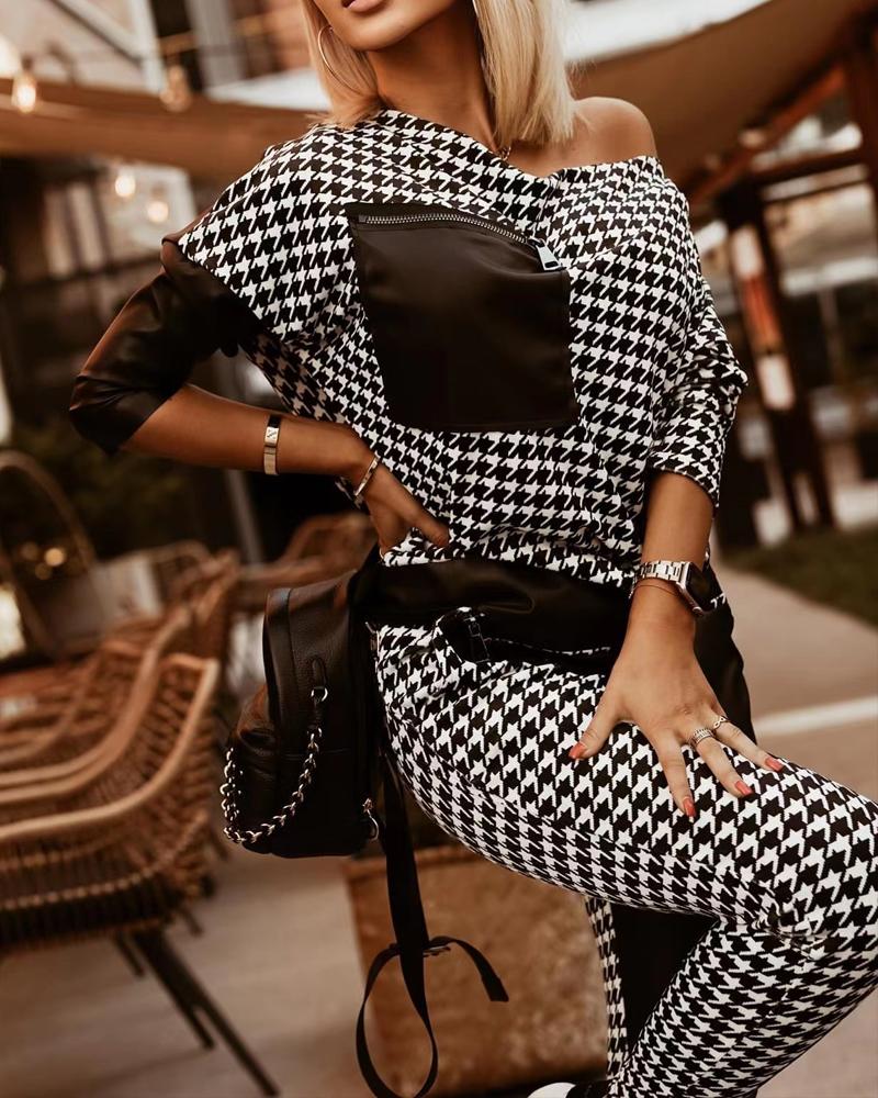 

Houndstooth Print Zip Detail Long Sleeve Top & Pants Set, Black