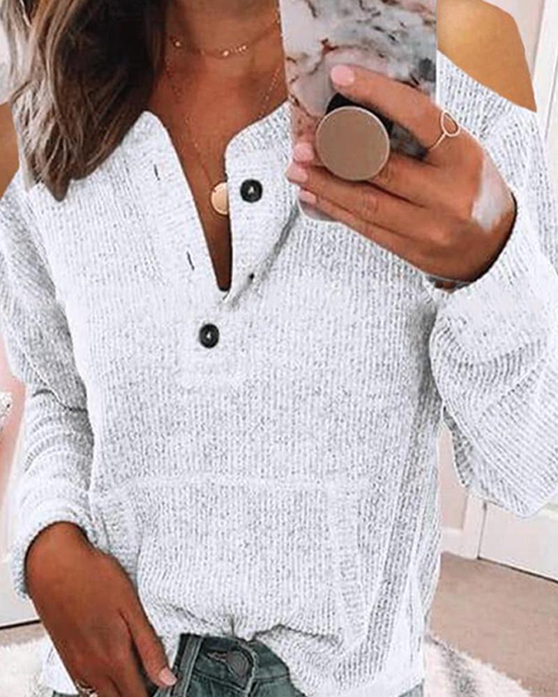 

Cold Shoulder Button Neck Top, White