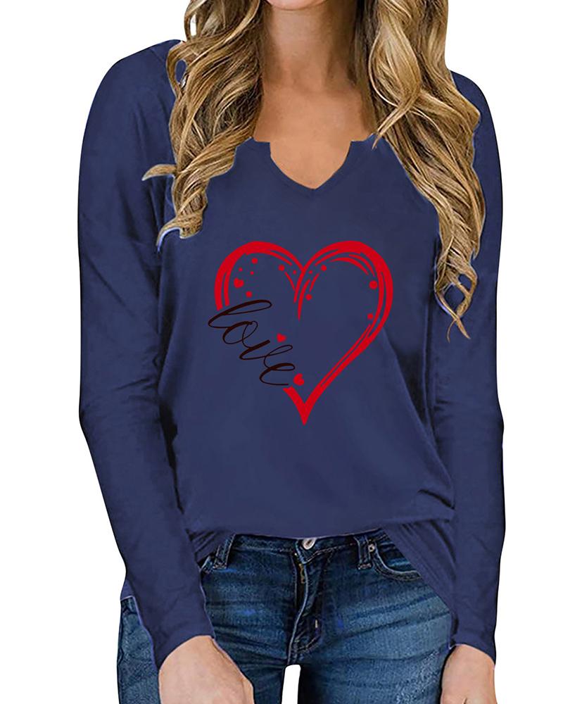 

Valentine' Day Letter Heart Print Long Sleeve Top, Blue