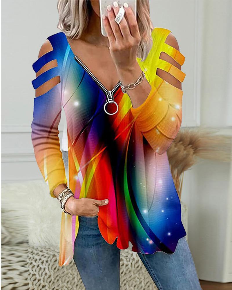 

Rainbow Ombre Ladder Cutout Sleeve Zip Front Top, Multicolor