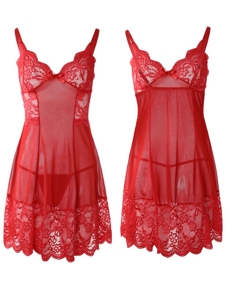 

Bowknot Decor Sheer Mesh Lace Babydoll, Red