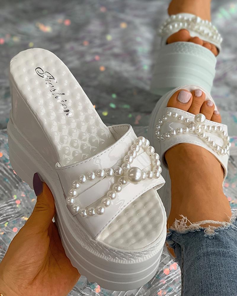 

Beaded Peep Toe Platform Wedge Sandals, White