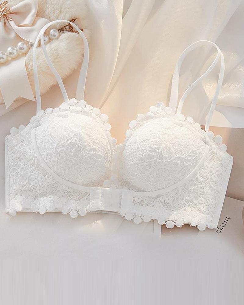 

Hook Buckle Front Full Coverage Lace Bra, White