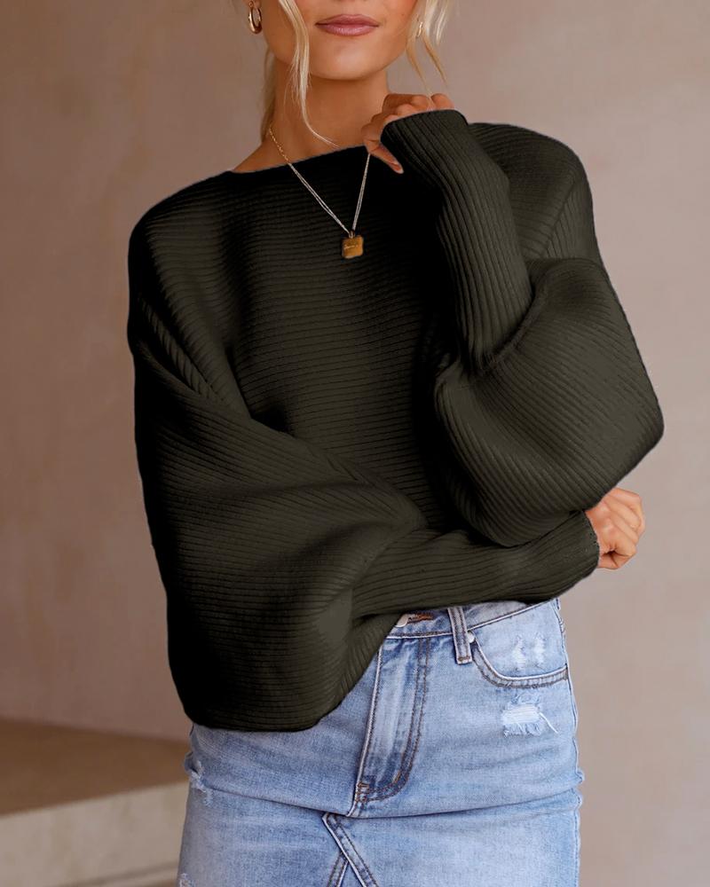 

Knit Lantern Sleeve O Neck Sweater, Dark green