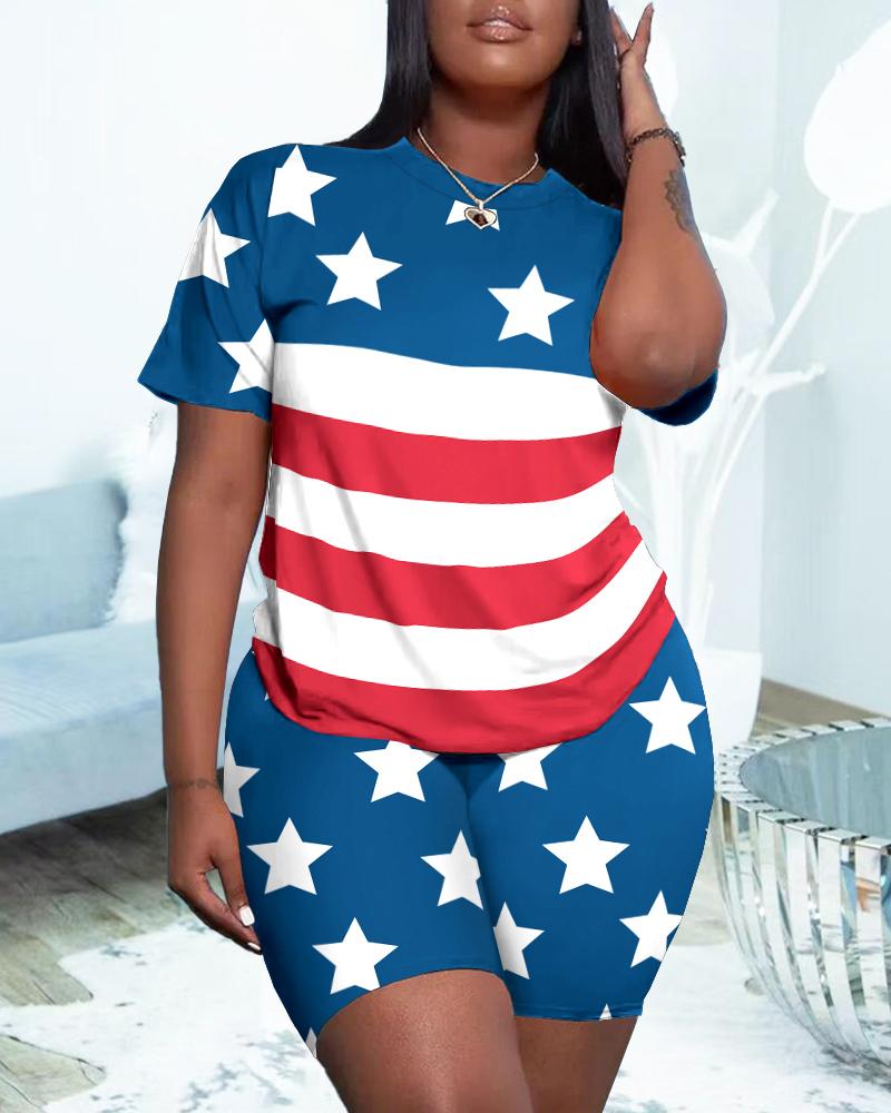 

Independence Day Flag Print Casual Top & Shorts Set, Multicolor
