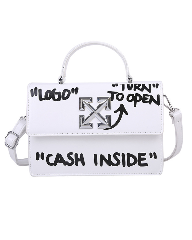 

Letter Print Flap Satchel Bag, White