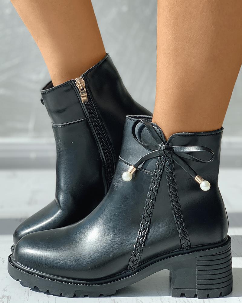 

Bowknot Design Side Zip Chunky Ankle Boots, Black