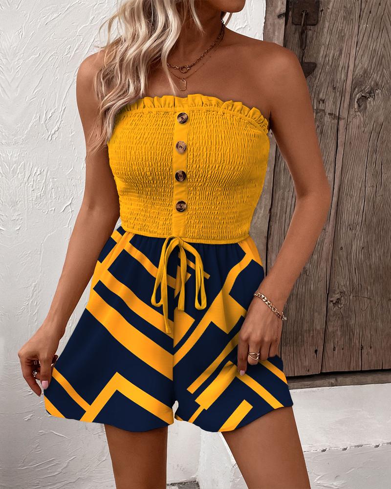 

Geometric Print Colorblock Frill Hem Shirred Romper, Yellow