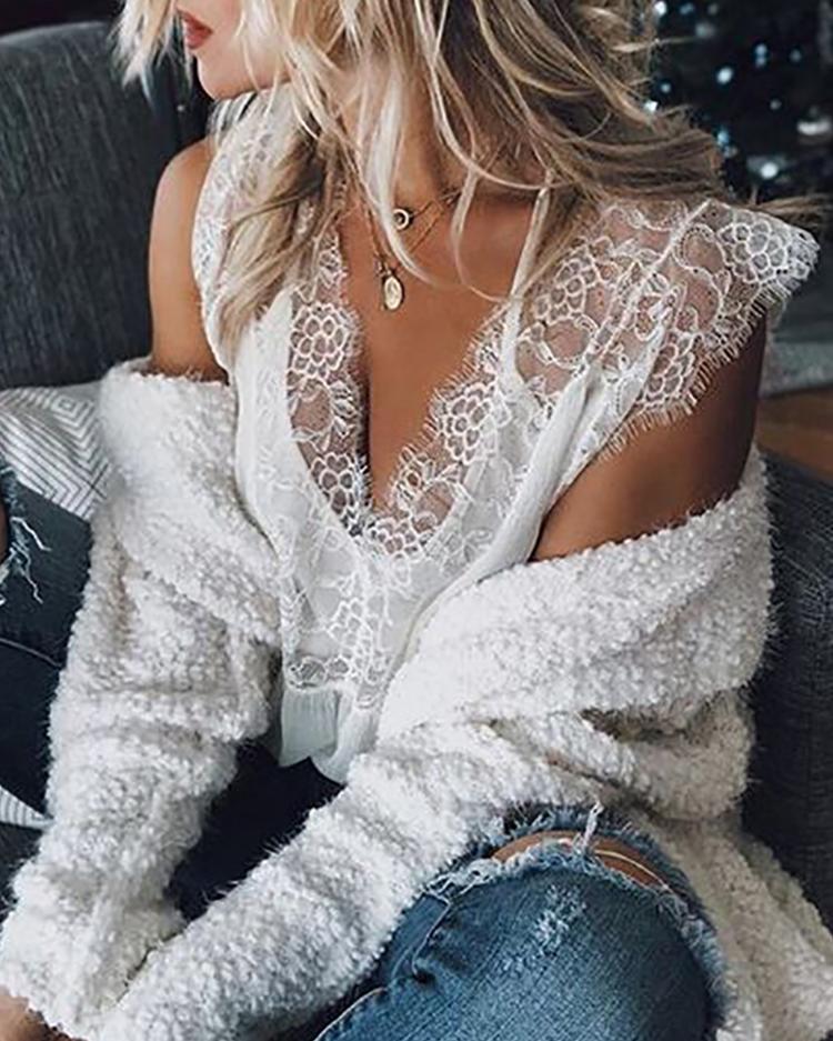 

Lace V Neck Eyelash Cap Sleeve Blouse, White