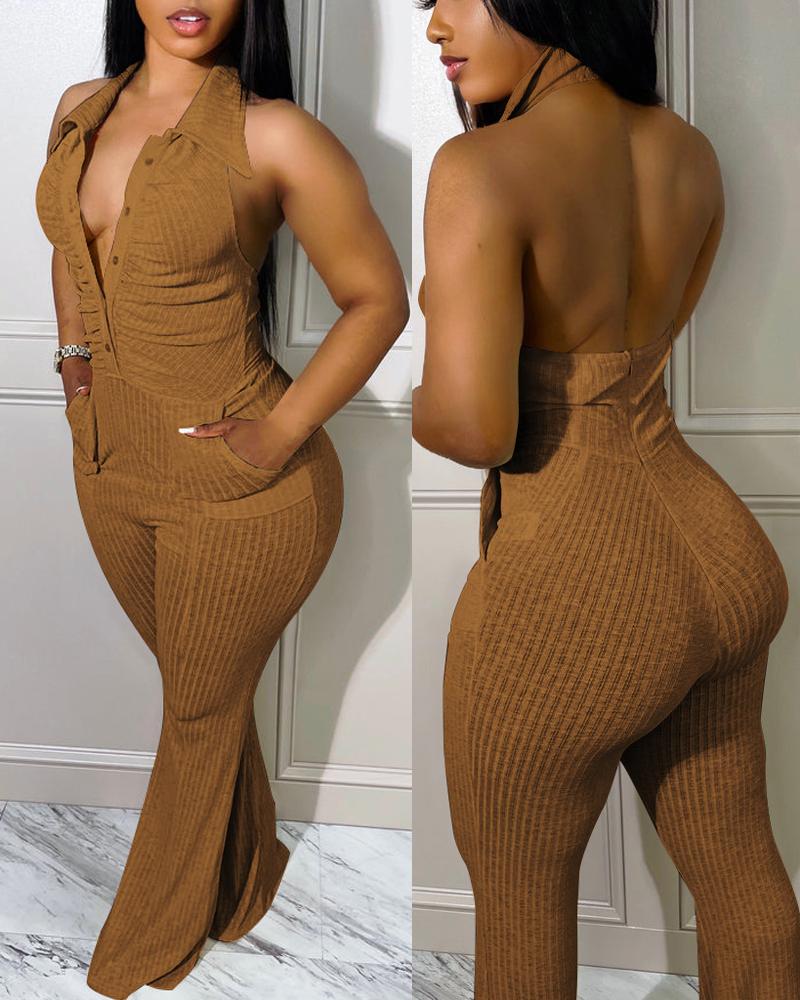 

Button Front Ruched Halter Backless Jumpsuit, Brown