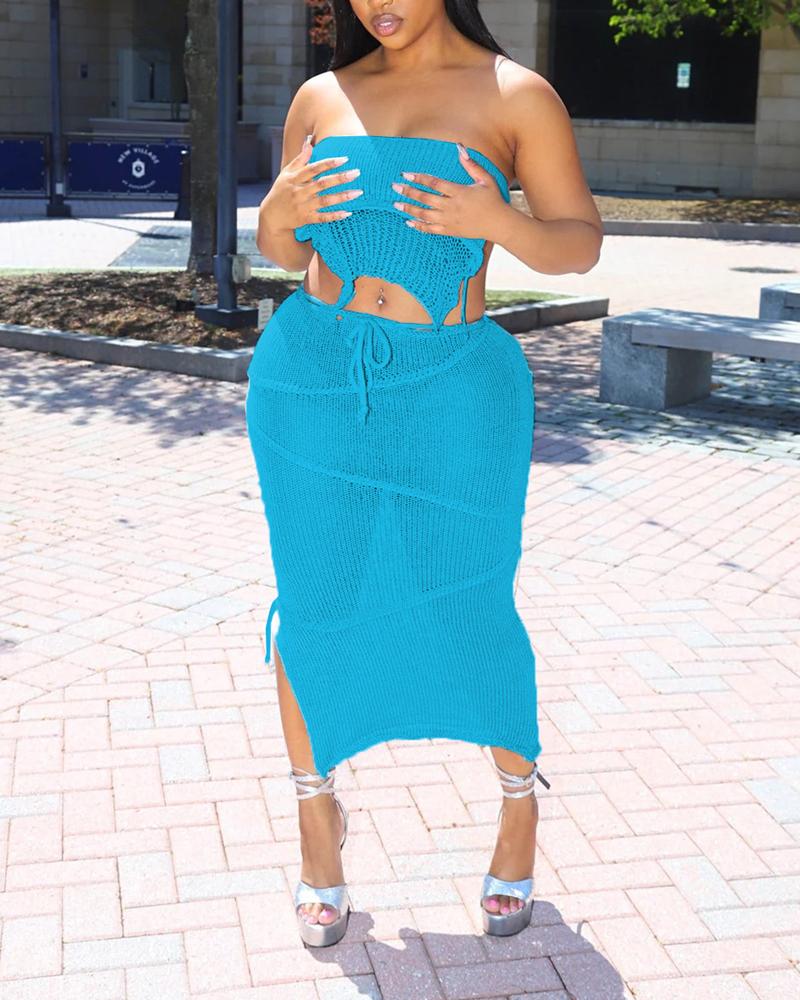 

Hollow Out Backless Crop Top & Slit Skirt Set, Blue