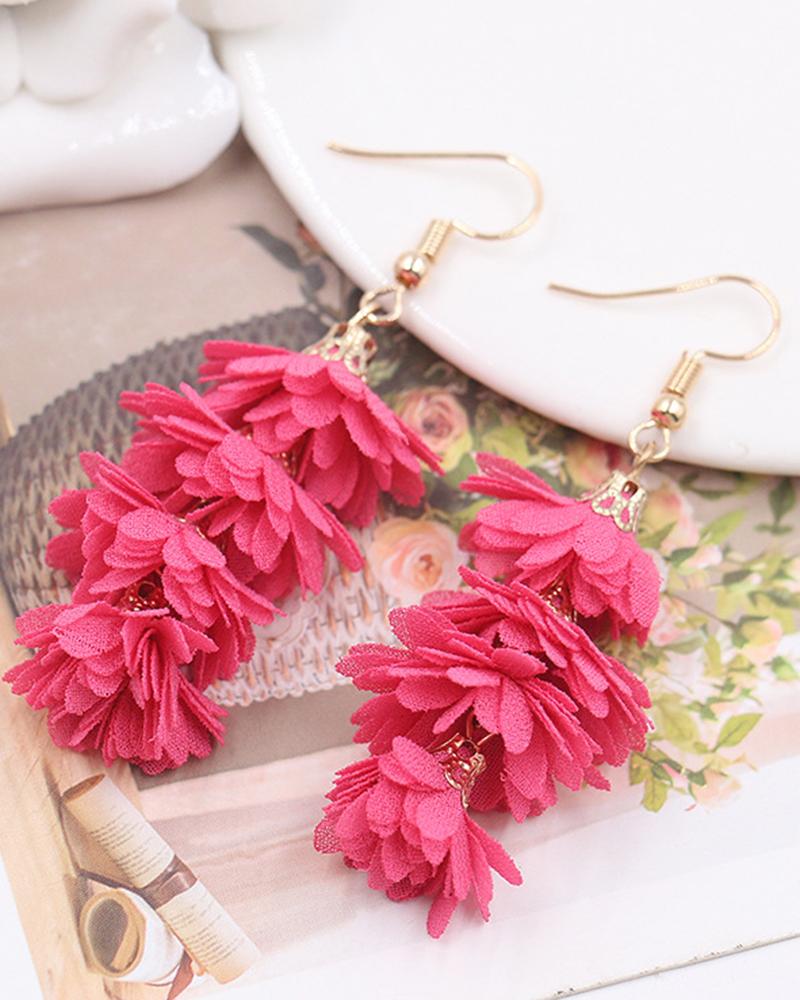 

1Pair Layered Flower Shaped Bohemian Drop Earrings, Hot pink