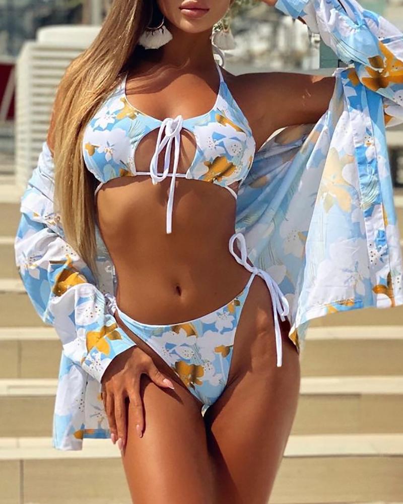 3PCS Floral Print Cutout Tied Detail Bikini Set With Cover Up