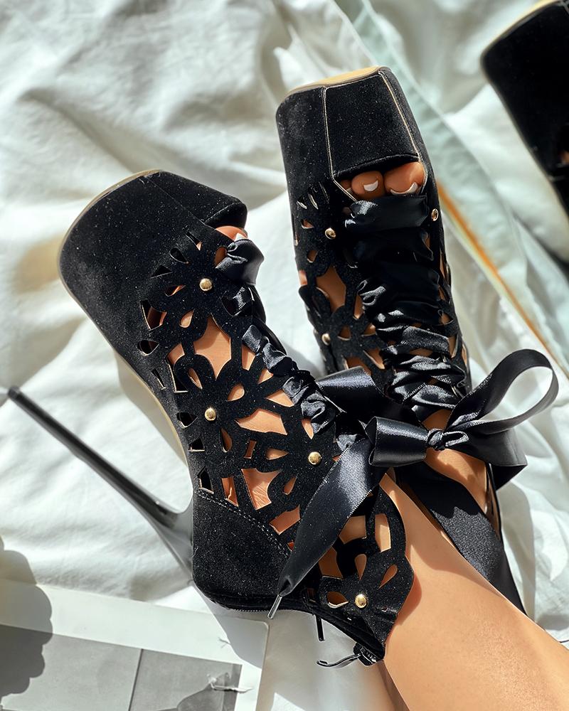 

Hollow Out Lace-up Platform Heels, Black