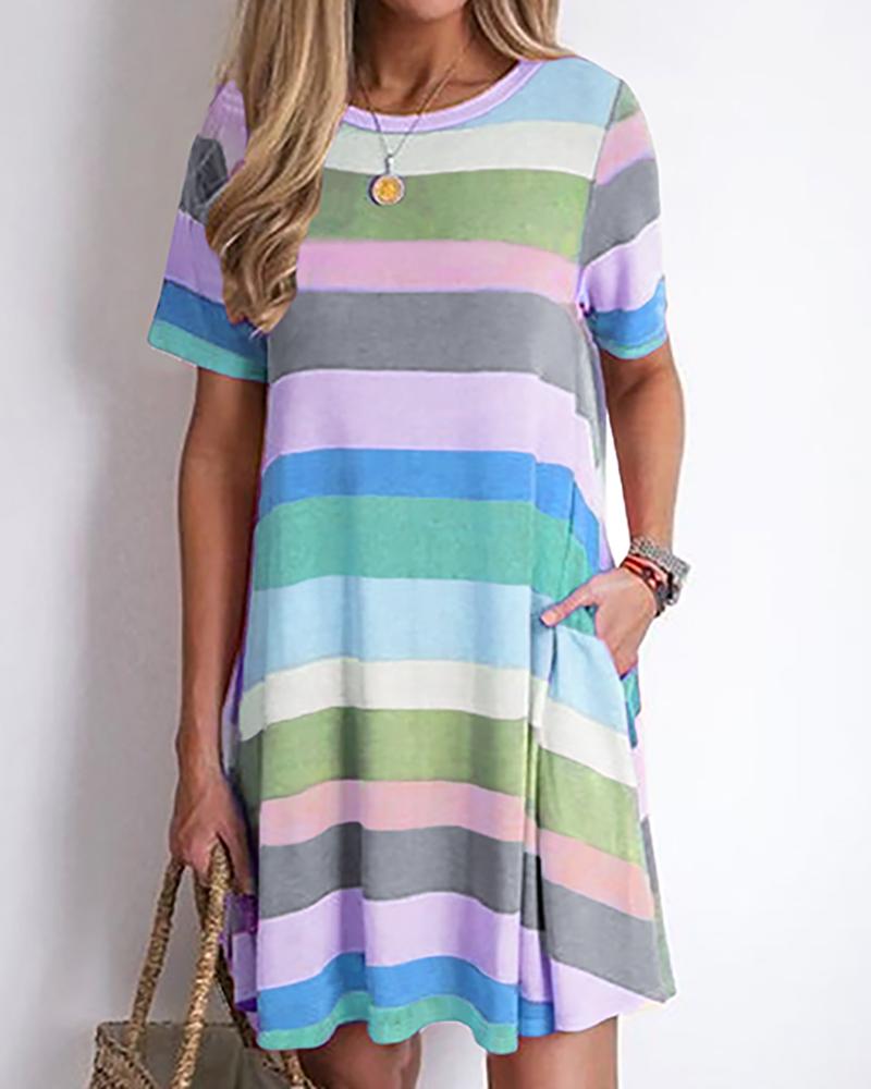 

Short Sleeve Striped Casual Dress, Blue