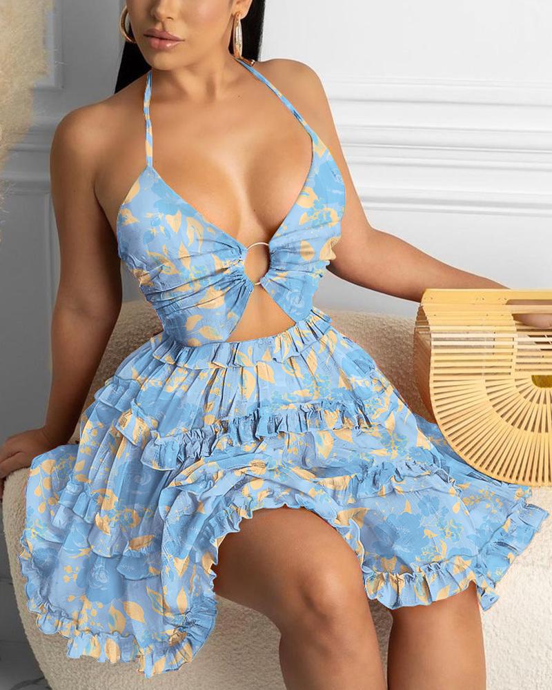 

O Ring Frill Hem Floral Print Cutout Halter Dress, Blue