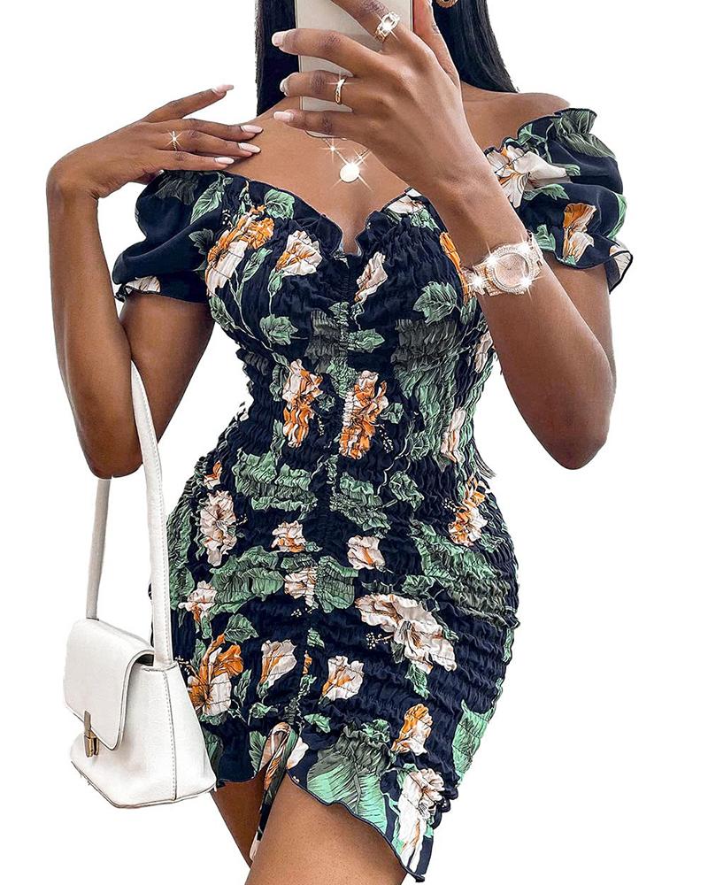 

Drawstring Off Shoulder Floral Print Bodycon Dress, Green