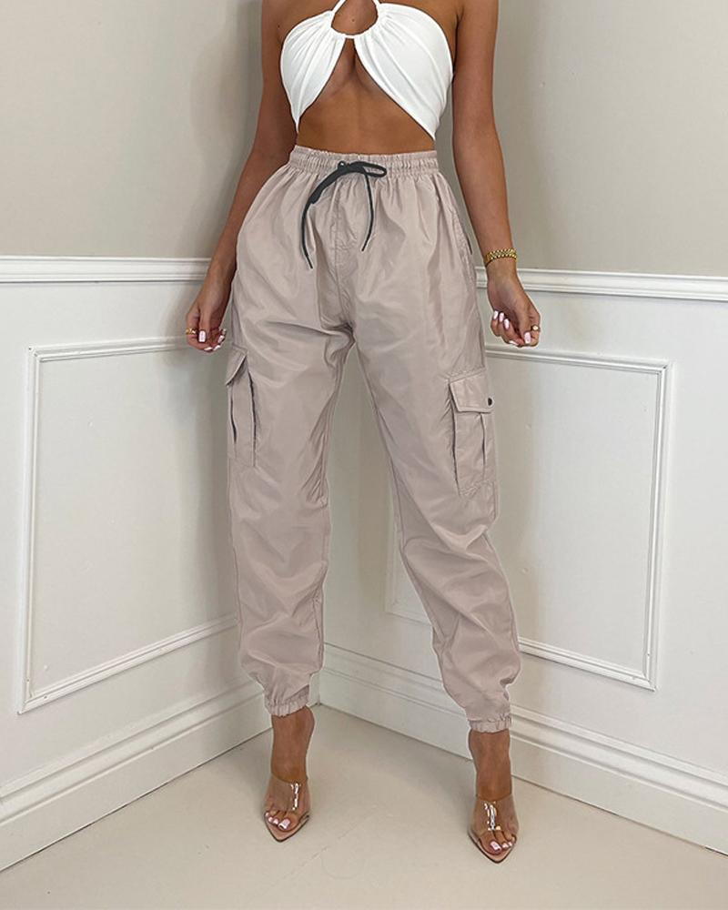

Pocket Design Drawstring Cuffed Cargo Pants, Khaki