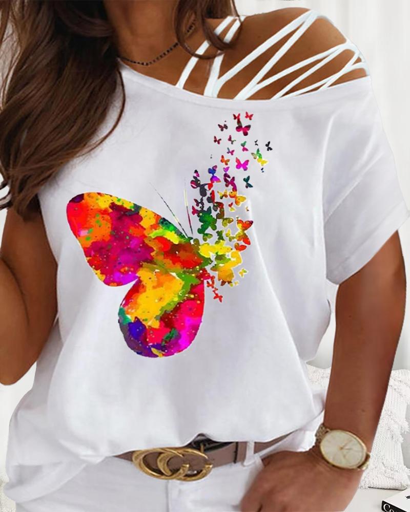 

Plus Size Butterfly Print Cold Shoulder Top, White