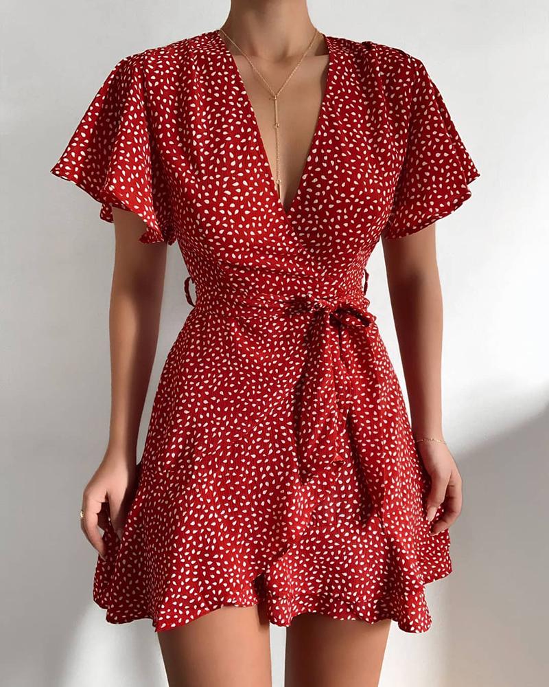 

Ditsy Floral Print Ruffles Belt Wrap Dress, Red
