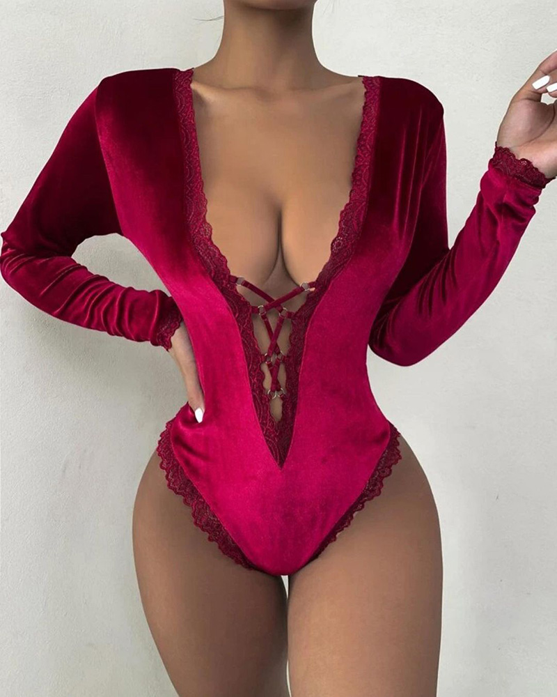 

Lace-up Front Velvet Contrast Lace Bodysuit, Hot pink