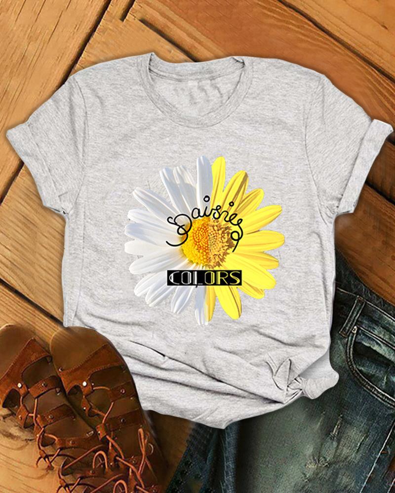 

Daisy Print Short Sleeve Loose T-shirts, Gray