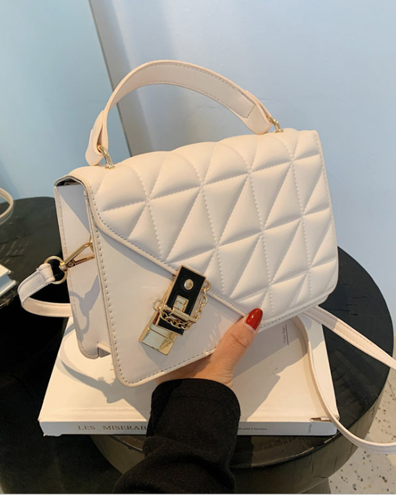 

Quilted Lock Flap Shoulder Bag With Handle, White