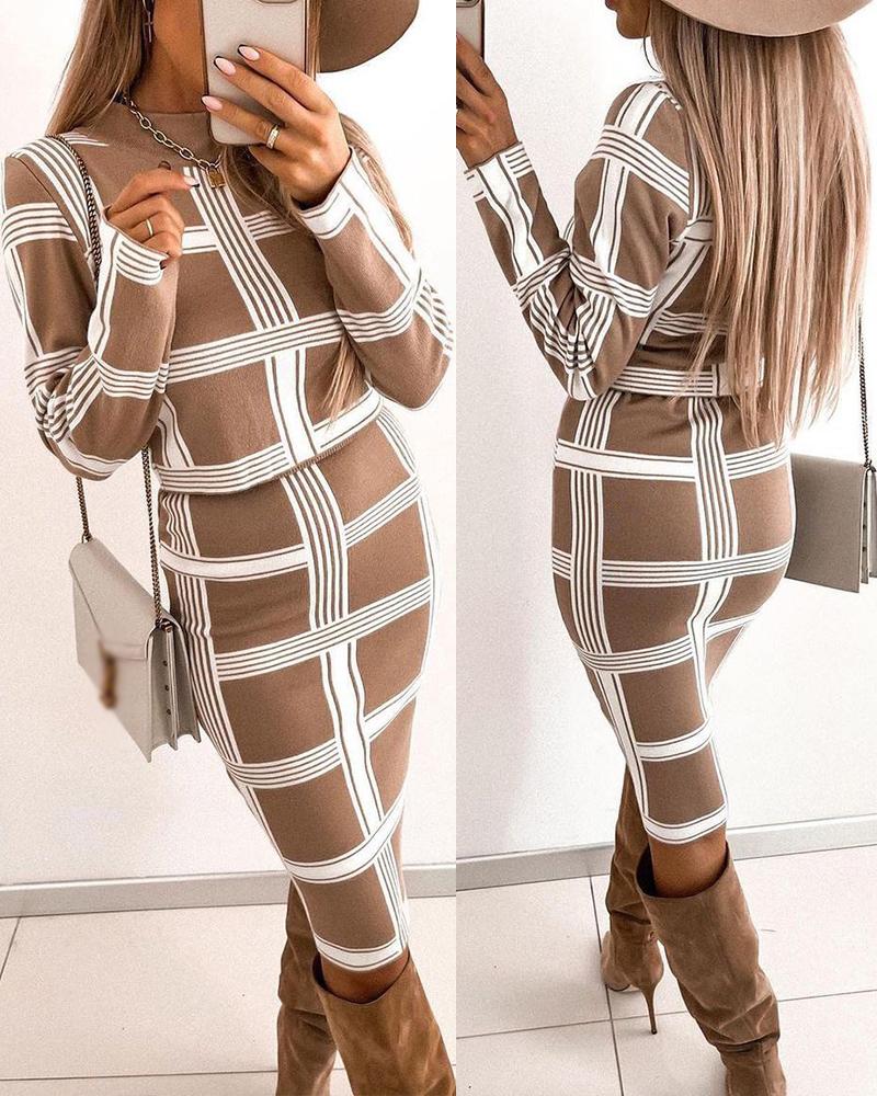 

Plaid Print Long Sleeve Top & Skirt Set, Khaki