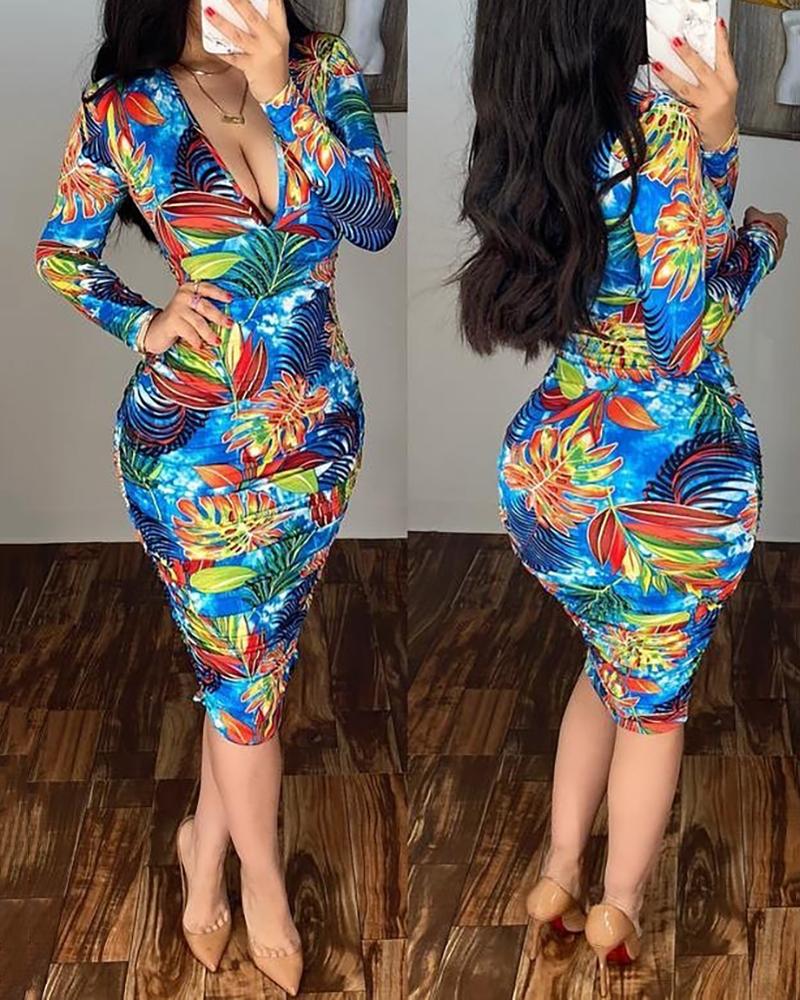 

Tropical Print Long Sleeve Skims Dress, Blue