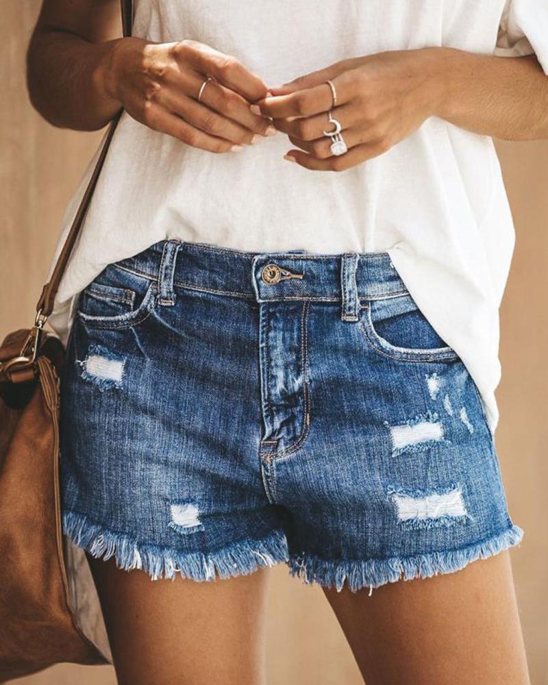 

Frayed Hem Denim Shorts, Blue
