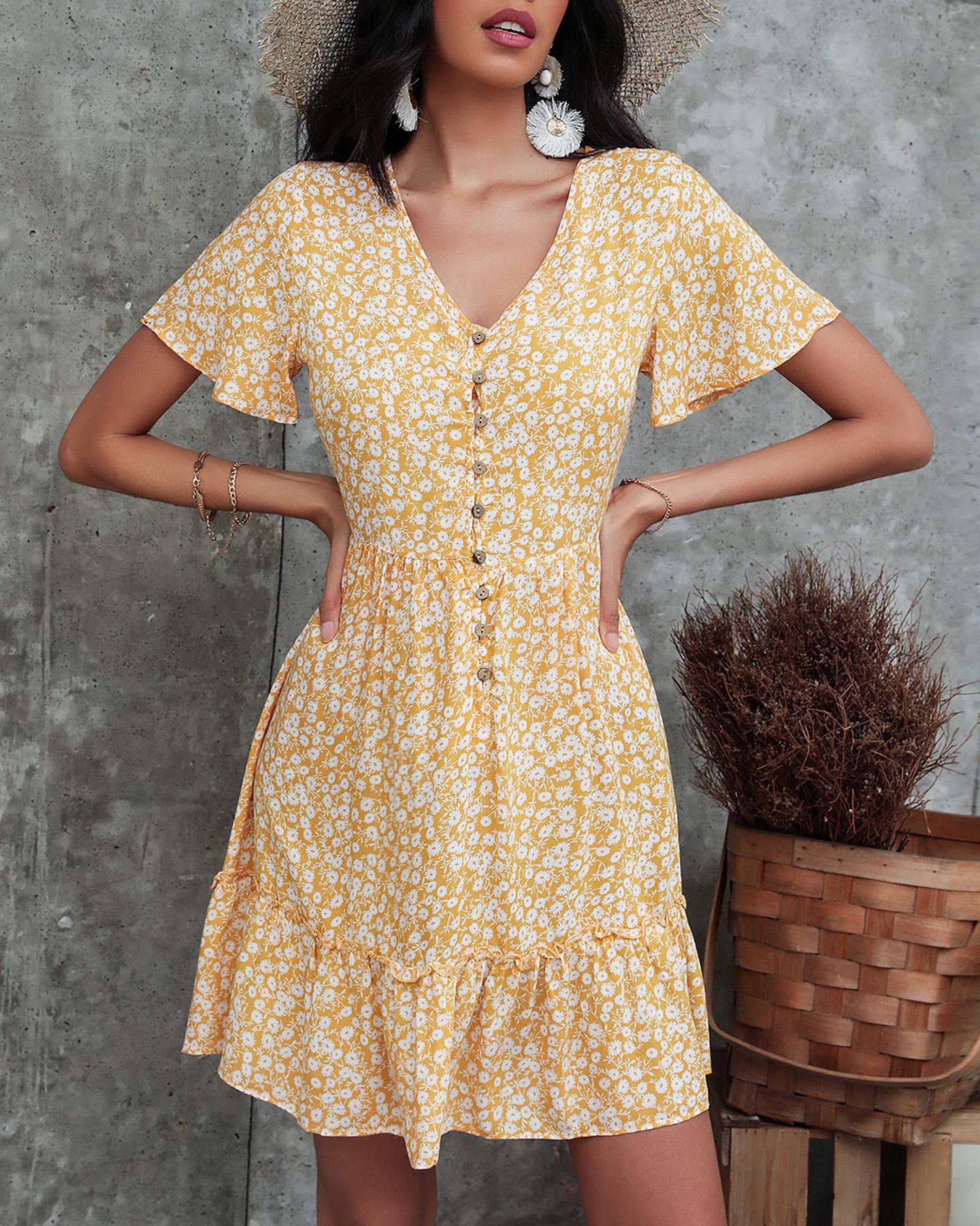 

Floral V-Neck Button Detail Dress, Orange