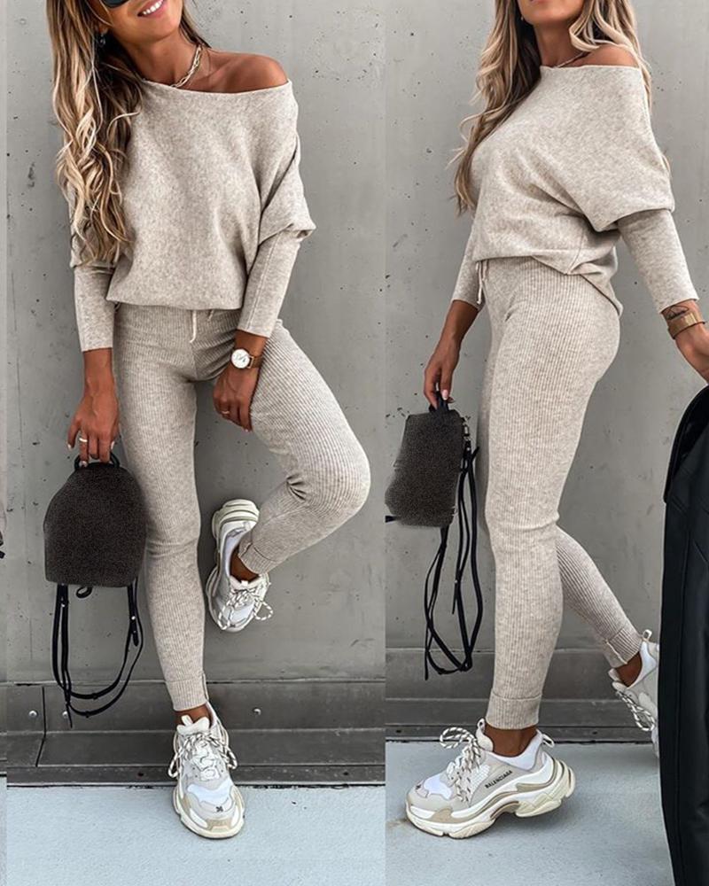 

Long Sleeve Women Top & High Waist Drawstring Pants Set, Beige
