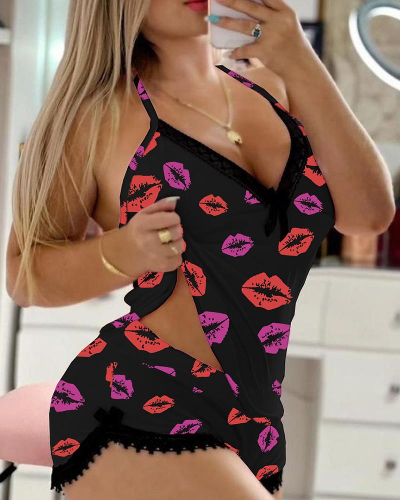 

Lip Print Lace Trim Halter Cami Set, Black