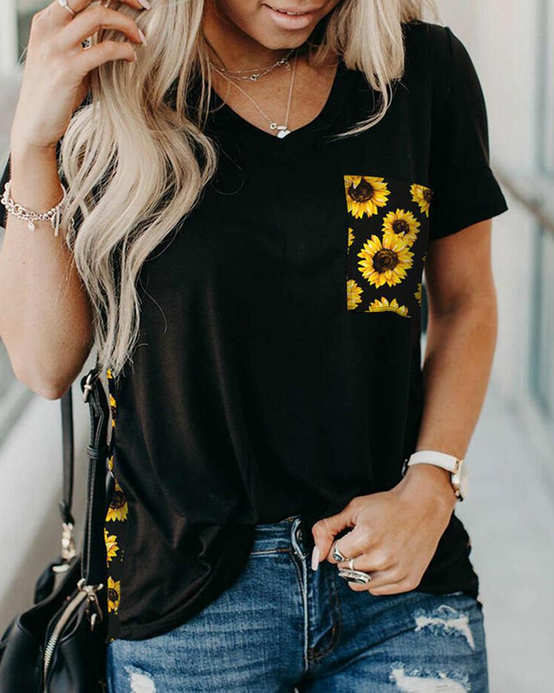 

Sunflower Print Short Sleeve Casual T-shirt, Black