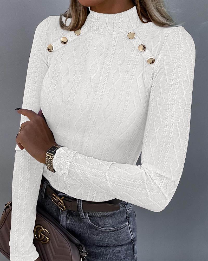 

Cable Textured Buttoned Mock Neck Top, White