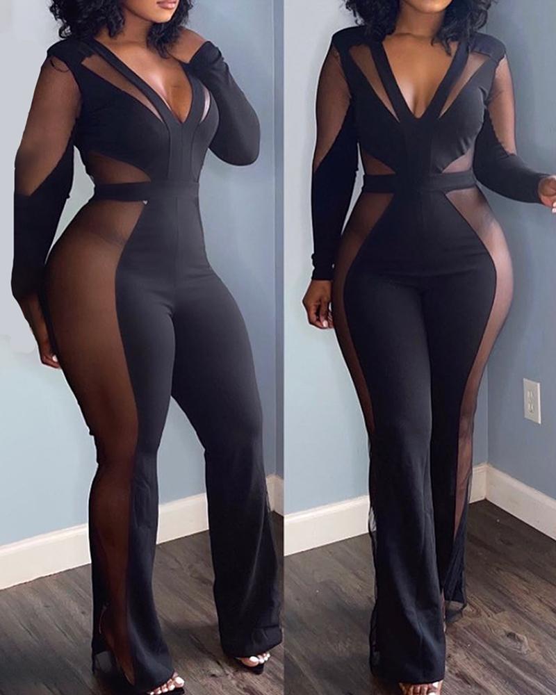 

Sheer Mesh V-Neck Long Sleeve Skinny Jumpsuit, Black