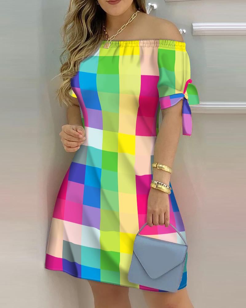 

Plaid Ptint Colorblock Off Shoulder Tie Detail Casual Dress, Multicolor