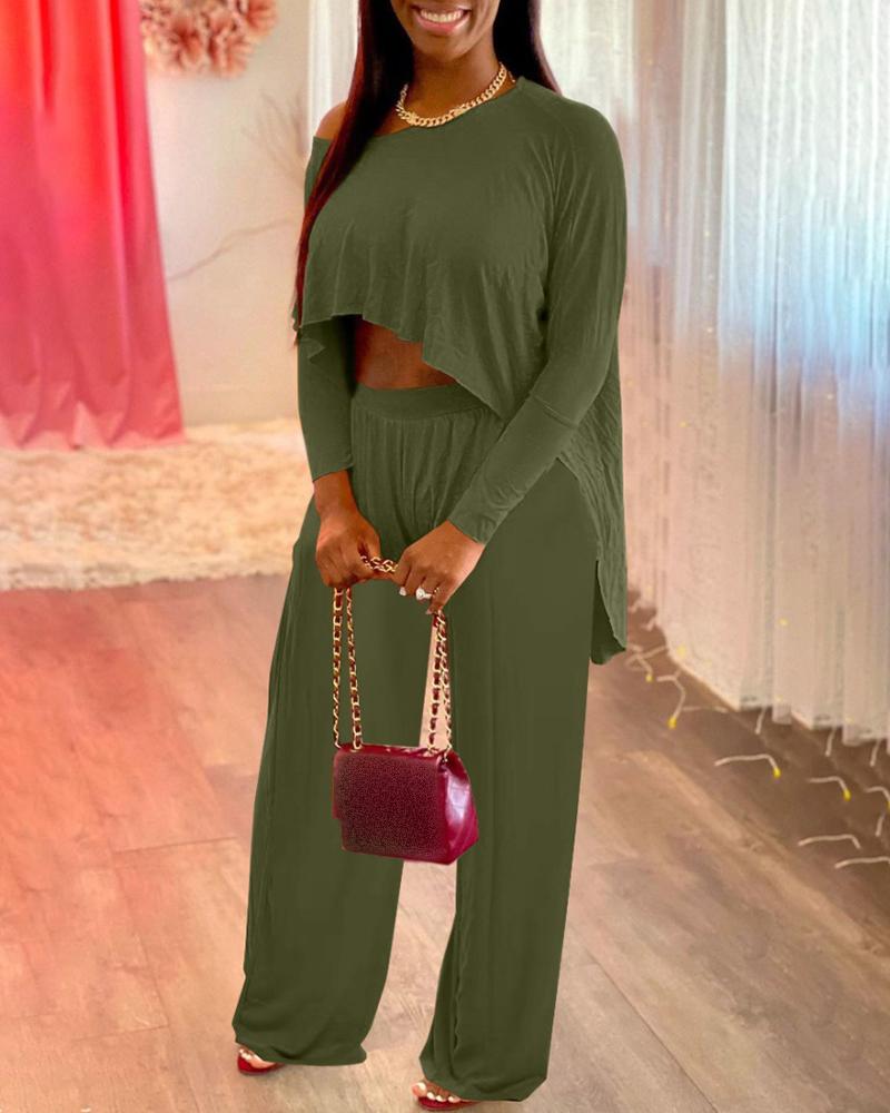

One Shoulder Dip Hem Top & High Waist Pants Set, Green